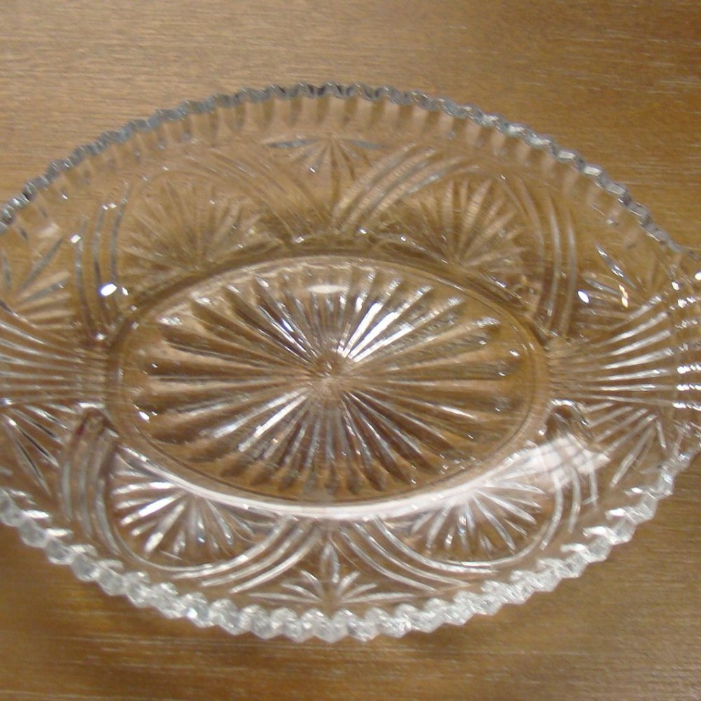 Vintage Cut Edge Glass Serving Dish w/ Handles